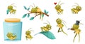 Cute little grasshopper doing various activities set. Funny baby insect cartoon character vector illustration Royalty Free Stock Photo