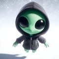 A cute little green alien with a black hoodie.