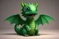 A cute little green dragon with big eyes and open wings on a gray background. Symbol of Chinese New Year