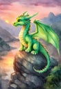 Cute little dragon on sunset background Royalty Free Stock Photo