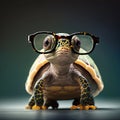 Cute little green turtle with glasses in front, generative AI Royalty Free Stock Photo