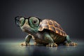 Cute little green turtle with glasses in front of studio background. Royalty Free Stock Photo