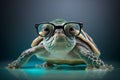 Cute little green turtle with glasses in front of studio background. Royalty Free Stock Photo