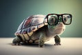 Cute little green turtle with glasses in front of studio background. Royalty Free Stock Photo