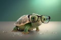 Cute little green turtle with glasses in front of studio background. Royalty Free Stock Photo