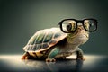 Cute little green turtle with glasses in front of studio background.Generative AI Royalty Free Stock Photo