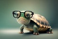 Cute little green turtle with glasses in front of studio background.Generative AI Royalty Free Stock Photo