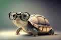 Cute little green turtle with glasses in front of studio background.Generative AI Royalty Free Stock Photo