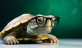 Cute little green turtle with glasses. A small turtle wearing glasses on its head