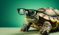 Cute little green turtle with glasses. A small turtle wearing glasses on top of a table