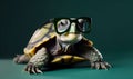 Cute little green turtle with glasses. A small turtle wearing a pair of glasses