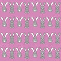 Cute little grey rabbits sitting, back view, with tail, with white ears on pink background, seamless color vector pattern