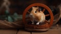 Cute little guinea pig with wooden wheel on wooden background. Royalty Free Stock Photo