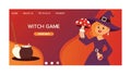 Cute little Halloween girl witch with amaita mushroom cartoon happy Halloween greeting invintation poster card party Royalty Free Stock Photo