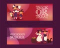 Cute little Halloween girl witchs with broom cartoon set of happy Halloween greeting invintation poster card party Royalty Free Stock Photo