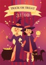 Cute little Halloween girl witchs with broom cartoon set of happy Halloween greeting invintation poster card party Royalty Free Stock Photo