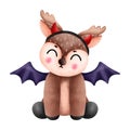 Cute little halloween reindeer with deathly horns and purple bat wings sitting and smiling