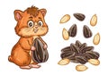Cute little hamster rodent cartoon animal character with sunflower seeds, heap sun flower kernels. Natural organic food snack icon