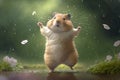 Cute little hamster dancing in the rain