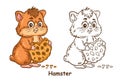Cute hamster animal character eat cookie children coloring book page. Funny pet rodent bite biscuit. Kids colouring game. Vector