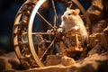 Cute Little Hamster Playing Wheel Craft with Excitedly Surrounded by Rock Stone