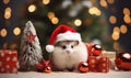 A cute little hamster in a Santa claus hat is running among Christmas presents. Royalty Free Stock Photo
