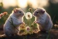 Cute Little Hamsters Playing on a Garden Sniffing on Flower in the Morning