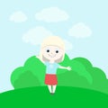 Cute little happy albino girl smiling happily. She is wearing a bright skirt and a blue shirt.