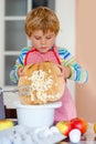 Cute little happy blond preschool kid boy baking apple cake and muffins in domestic kitchen. Funny lovely healthy child Royalty Free Stock Photo