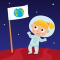 Cute little happy blonde girl astronaut standing on Mars with Ea