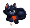 Cute Little Happy Furry Kitten - Cartoon Animal Character Mascot Lying Down and Holding on Tight to a Ball