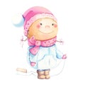 Cute little happy kid having fun outdoors in winter on a sleigh. Watercolor illustration. Royalty Free Stock Photo