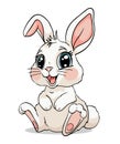 Cute little happy rabbit with big eyes, sitting white bunny toy, Easter card for children. Linear vector illustration Royalty Free Stock Photo