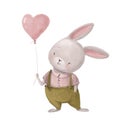 cute little hare with heart balloon, watercolor style illustration, valentines clipart with cartoon character