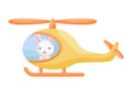 Cute little hare pilot in yellow helicopter. Cartoon character for childrens book, album, baby shower, greeting card, party