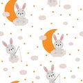 Cute little hare sitting on cloud and fishing star seamless childish pattern. Funny cartoon animal character for fabric