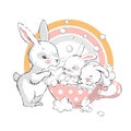Cute little hares with mom. Cute white baby bunnies take baths in a cup.