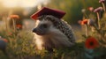 Cute little hedgehog with a cap on his head in the garden.