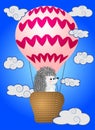 A cute little hedgehog flies into cartoons, a large bulky balloon with a basket in the sky amidst white clouds