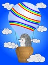 A cute little hedgehog flies into cartoons, a large bulky balloon with a basket in the sky amidst white clouds