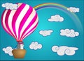 A cute little hedgehog flies into cartoons, a large bulky balloon with a basket in the sky amidst white clouds