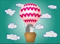 A cute little hedgehog flies into cartoons, a large bulky balloon with a basket in the sky amidst white clouds