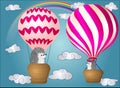 A cute little hedgehog flies into cartoons, a large bulky balloon with a basket in the sky amidst white clouds