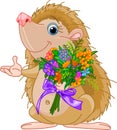 Cute little Hedgehog giving a bouquet