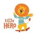 Cute little hero illustration with a lion on skateboard