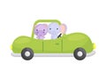 Cute little hippo and elephant driving green car. Cartoon character for childrens book, album, baby shower, greeting card, party Royalty Free Stock Photo