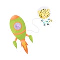 Cute little hippo flying in green rocket. Cartoon jaguar character in space costume with rocket on white background. Design for Royalty Free Stock Photo