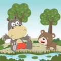 cute little hippo and little bear play around swamp. Funny Kid Graphic Illustration. T-Shirt Design for children. Creative vector Royalty Free Stock Photo