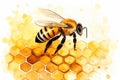 Cute little illustration cartoon pixar bee on honeycomb and white background Royalty Free Stock Photo