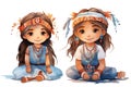 Cute little Indian boy and girl on white background, watercolor